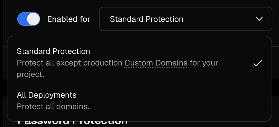 Selecting Standard Protection in the Vercel Dashboard.