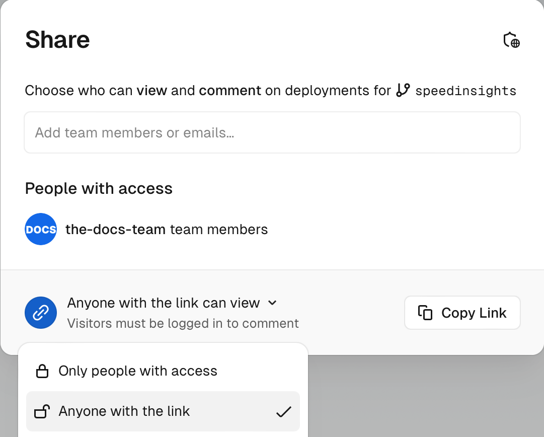 The Share settings modal.