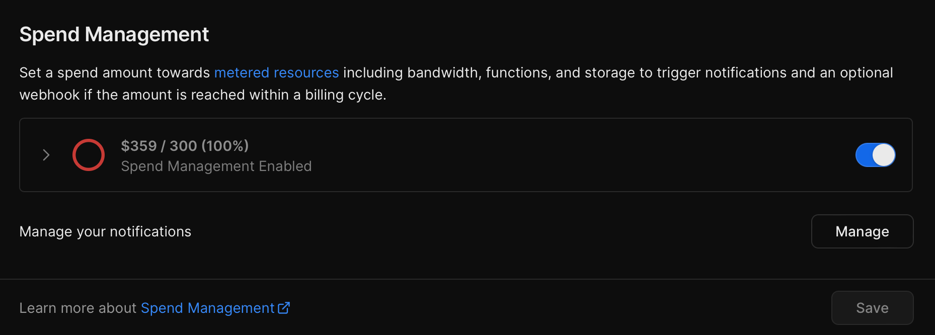 Spend Management section with toggle enabled.