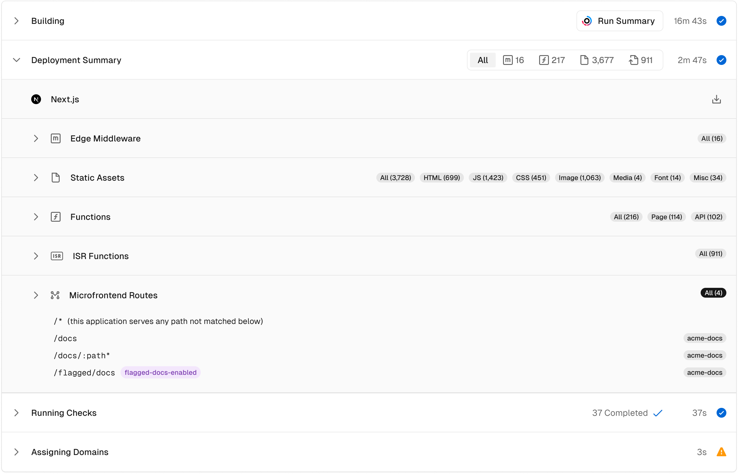 Listing of all paths served by a microfrontend in the Deployment Summary.