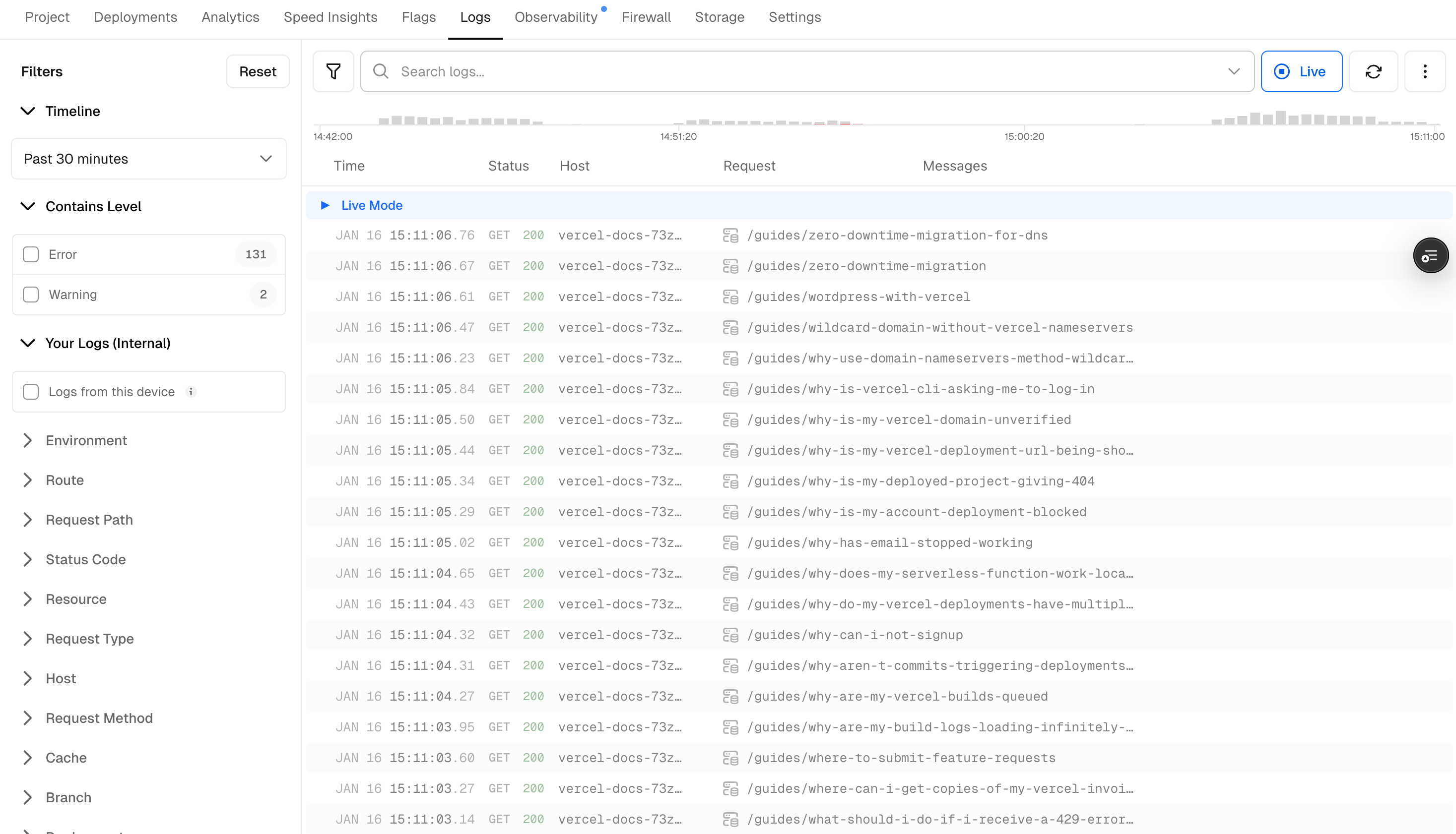 Layout to visualize the runtime logs in live mode.